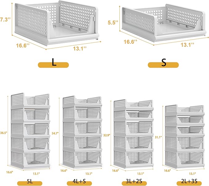 5 Pack Stackable Plastic Storage Basket Closet Organizer Bin Foldable Clothes Organizer Storage Drawer Shelf Container for Living room Bathroom Kitchen Office (4L+1S)