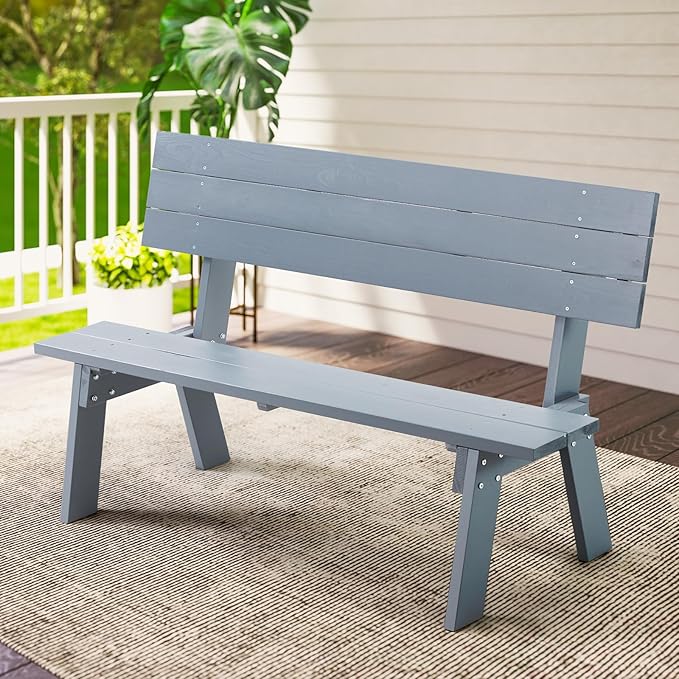 AVAWING Outdoor Convertible Wood Bench with Backrest, Patio Wood Convert a Bench, Space-Saving 2-in-1 Picnic Table Chairs Set for Backyard, Porch, Patio, Garden, Grey