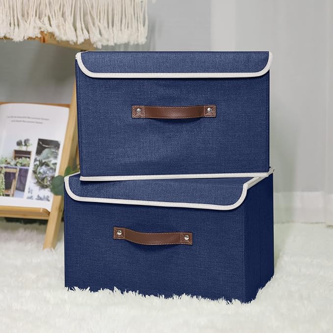 ANMINY 2PCS Storage Bins with Lid PU Leather Handles Storage Boxes PP Plastic Board Decorative Foldable Lidded Cotton Linen Fabric Home Cubes Baskets Closet Organizer Containers - Blue, Large Size