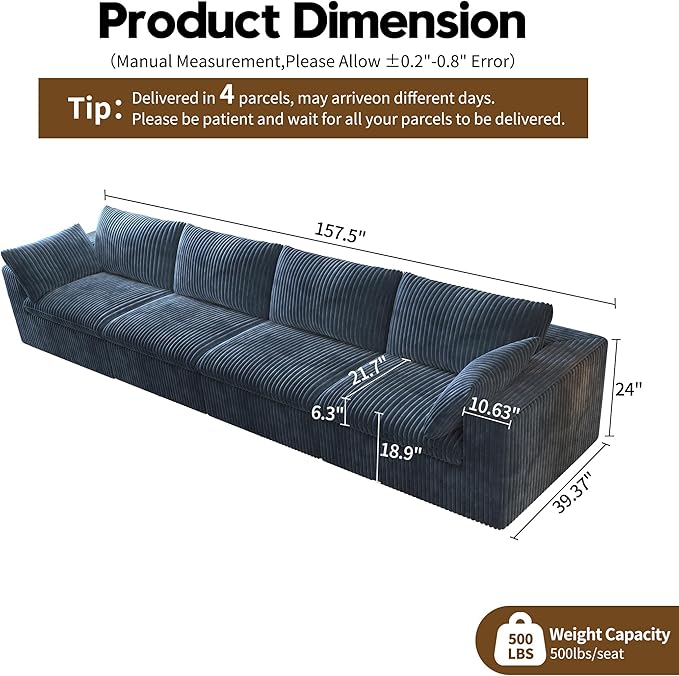 157.5" 4-Seater Cloud Sofa,Modular Sectional Couch,Modern Deep Seat Upholstered Couches with Plush Corduroy Fabric for Living Room Furniture,Bedroom and Apartment,No Assembly Required,Blue