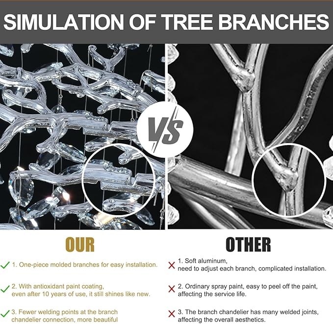 Modern Crystal Silver Chandelier,72" Large Rectangular Chandeliers for Dining Room, Tree Branch Crystal Lving Room Chandelier,Dining Room Over Table Chandelier,Fixture Height-Adjustable