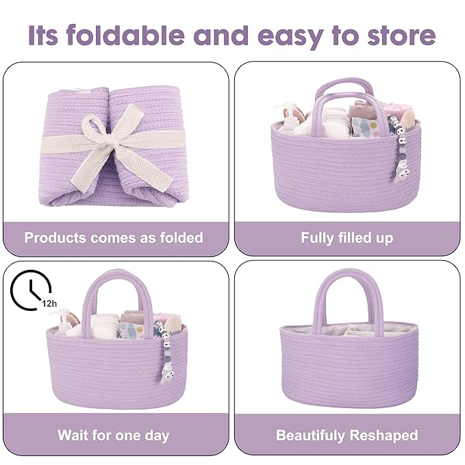 Baby Diaper Caddy Organizer Cotton Rope Nursery Storage Bin Basket Portable Holder Tote Bag for Changing Table Car Travel Baby Shower Gifts Newborn Essentials Registry Must Have Purple or Lavender