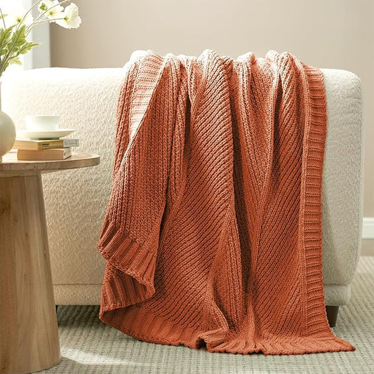 Amélie Home Chenille Knit Throw Blanket for Couch, Chevron Texture Decorative Soft Blanket for Sofa, Bed & Chair, 50"x60", Burnt Orange