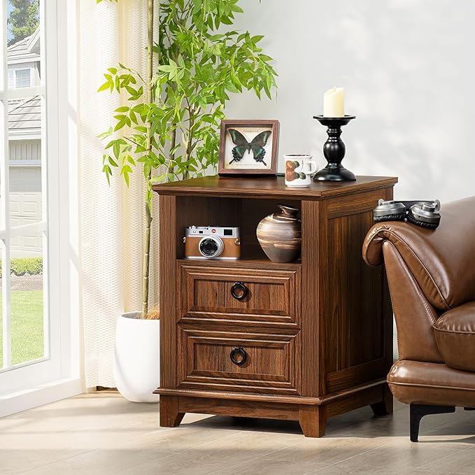 18" Farmhouse Night Stands Set of 2 with Charging Station, 2 Drawers End Table Dresser for Bedroom, Brown Wooden Nightstand, Bed Side Table with Open Shelf, Bedside Cabinet for Living Room