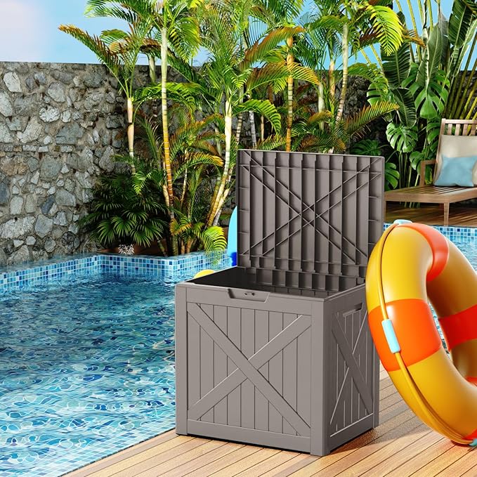32 Gallon Resin Deck Box, Lockable Outdoor Storage Box for Patio Cushions Storage Furniture,Garden Tools, Pool Supplies, Weatherproof and UV Resistant (Grey X)