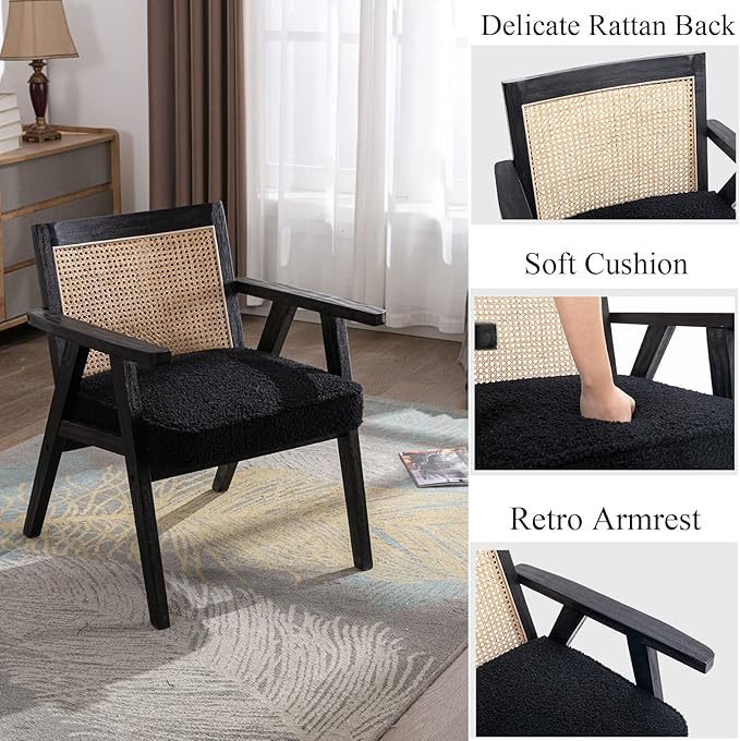 Accent Rattan Chairs Set of 2, Faux Fur Upholstered Living Room Chairs with Cane Back, Retro Mid Century Modern Cane Chair Armchair for Reception Reading Indoor Outdoor, Black