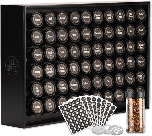 AllSpice Spice Rack Organizer, Wood, 525 Unique Labels, Countertop or Wall Mount, Includes 60 4oz Jars- Matte Black