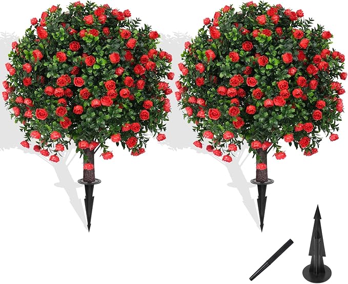Artificial Boxwood Topiary Tree with Rose, Set of 2 Artificial Shrub Bushes with Ground Spike, Fake Evergreen Tree for Porch, Artificial Plants for Outdoor Planters Indoor UV Resistant