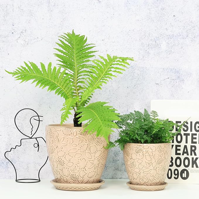 8 Inch + 6 Inch Retro Ceramic Planter Set of 2 with Drainage Hole and Saucer for Multiple Plants, Indoor-Outdoor Garden Pots for Succulent, Orchid, and Flower (Retro Peach)