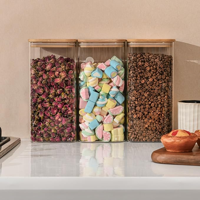 64oz Rectangle Airtight Glass Storage Containers with Bamboo Lids (Set of 3), Square Food Storage Jar, Pantry Organizers for Cereal, Flour, Pasta and Coffee beans (‎with Black Lable)