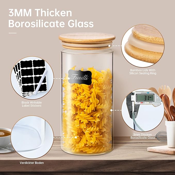 45oz - 3 Pack Glass Jars with Bamboo Lids, Glass Pantry Storage Containers with Airtight Lids, Round Air Tigh Food Storage Canisters for Cereal, Pasta, Flour, Sugar, Rice, Best for Kitchen Organizer