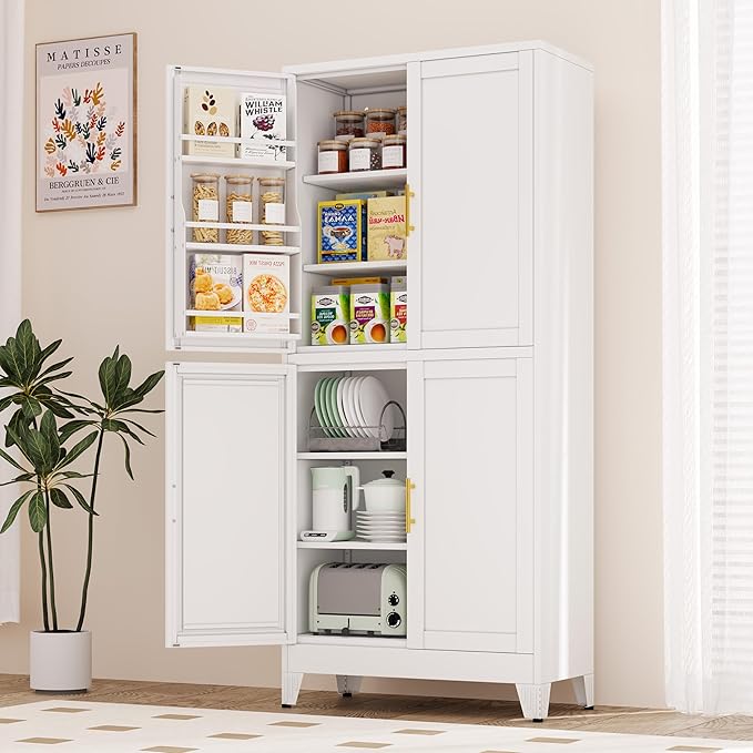 74.8" Tall Metal Food Cabinet, White Kitchen Pantry Cabinet, Storage Cabinets with 4 Door and 4 Adjustable Shelves, Steel Freestanding Cupboard for Kitchen Dining Room Living Room Bathroom