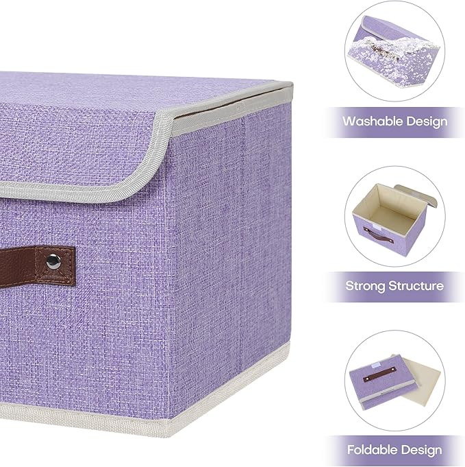 ANMINY Storage Bin with Lid Storage Boxes with PU Leather Handles PP Plastic Board Decorative Foldable Lidded Cotton Linen Fabric Home Cubes Baskets Closet Organizer Container - Purple, Small Size