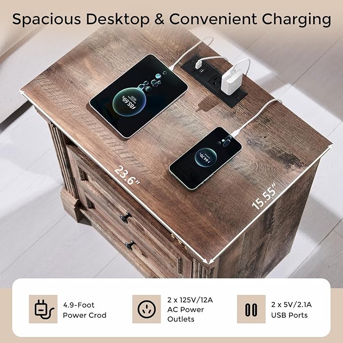 26" Tall Farmhouse Nightstand, 3 Drawers End Table w/Charging Station, 23.6" Wide Large Side Table w/Roman Column, Wood Rustic Sofa Table for Bedroom, Light Brown