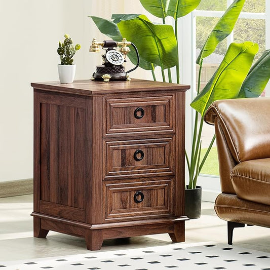 18" Farmhouse Night Stand with 3 Drawers, Wood End Table Dresser for Bedroom, Retro Nightstand, Bed Side Table with Metal Handle, Bedside Cabinet for Bedroom Living Room, Closet