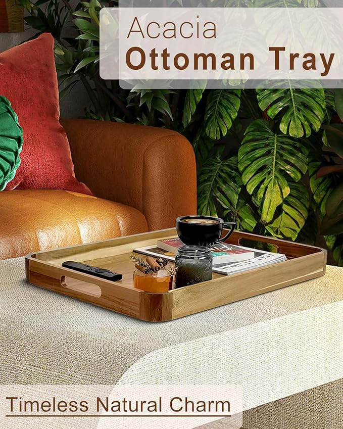 22 Inches Acacia Wood Serving Tray with Handles, Large Wooden Rectangle Ottoman Tray, Nice Home Decor for Living Room Coffee Table Couch, Ideal Size for Serving Food Breakfast BBQ Party