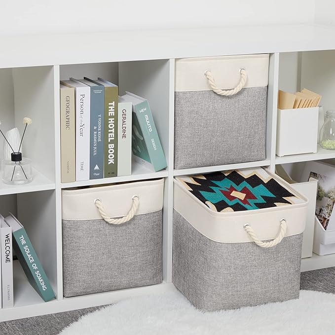 Bidtakay Fabric Basket Set - Large Square Organizer Bins, 13x13, Set of 3, White & Grey