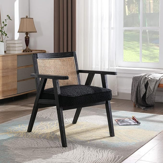 Accent Rattan Chair, Faux Fur Upholstered Living Room Chairs with Cane Back, Retro Mid Century Modern Cane Chair Armchair for Reception Reading Indoor Outdoor, Black