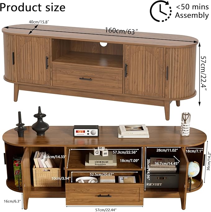 63" Fluted TV Stand for Tvs up to 70", Mid-Century Modern Entertainment Center with Drawers and Fluted Doors, Curved TV Media Console Table with Sliding Doors for Living Room, Bedroom (63")