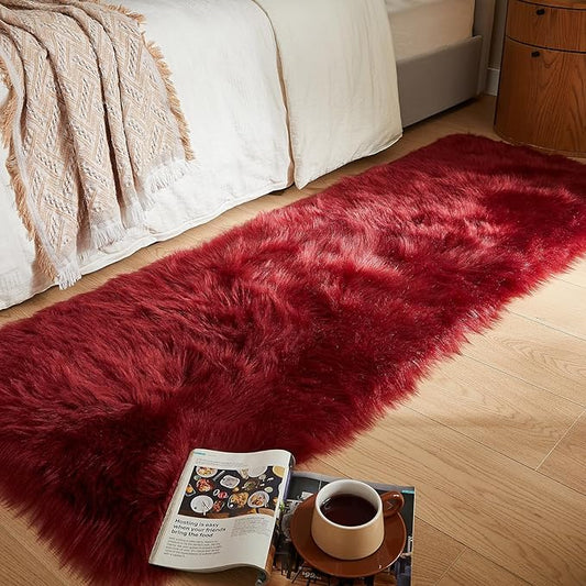 AMTOVO Faux Fur Rug, Burgundy Ultra Soft Fluffy Shag Sheepskin Rug, 2 x 6 ft Runner Area Rugs for Bedroom Sofa Throw Cushion Room Decor, Rectangle