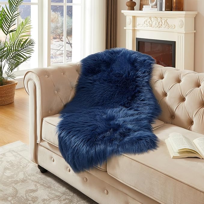AMTOVO Faux Fur Rug, Dark Blue Area Rug, Fluffy Sheepskin Rug, Fuzzy Ultra Soft 2 x 4 ft Shag Rugs for Bedroom Sofa Throw Cushion Room Decor, Sheepskin
