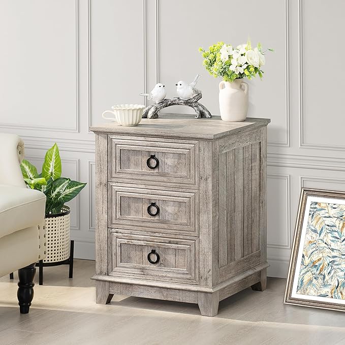 18" Farmhouse Night Stand with 3 Drawers, Wood End Table Dresser for Bedroom, Retro Oak Nightstand, Bed Side Table with Metal Handle, Bedside Cabinet for Bedroom Living Room, Closet