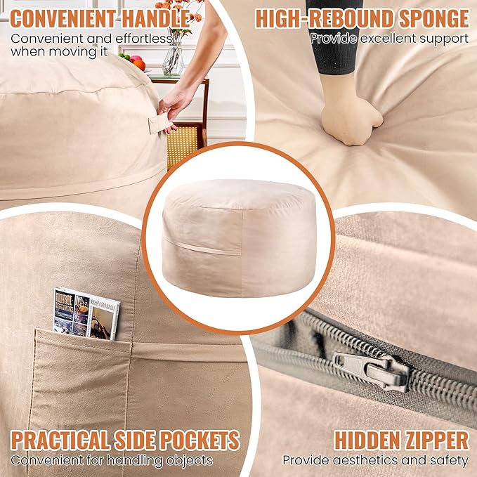 4FT Bean Bag Chair: Bean Bag with Velvet Cover, Fluffy and Comfy Bean Bag Chairs for Adults and Kids, Bean Bag Sofa Filled with High-Density Sponge for Gaming (Yellowish Beige)