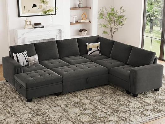 Belffin Modular Sectional Sleeper Sofa with Pull Out Bed U Shaped Sectional Sofa Couch with Storage Ottoman Velvet Covertible 7-Seater Sofa for Living Room Grey