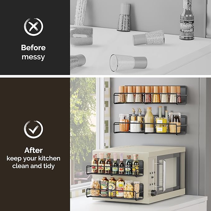 3 Pack Magnetic Spice Rack Organizer, Space Saver for Refrigerator and Whiteboard, Metal Fridge Shelf for Kitchen and Classroom, Black