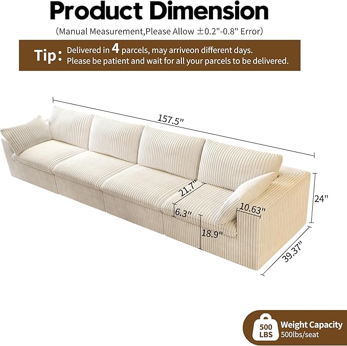 157.5" 4-Seater Cloud Sofa,Modular Sectional Couch,Modern Deep Seat Upholstered Couches with Plush Corduroy Fabric for Living Room Furniture,Bedroom and Apartment,No Assembly Required,White