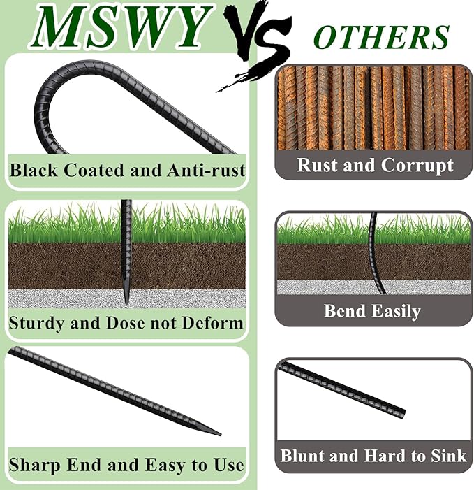 16 Inch Rebar Stakes J Hook 26 Pack Ground Stakes Heavy Duty Tent Stakes with Chisel Point End Chain Link Fence Stakes Galvanized Steel Ground Anchors Metal Spikes Black Coated