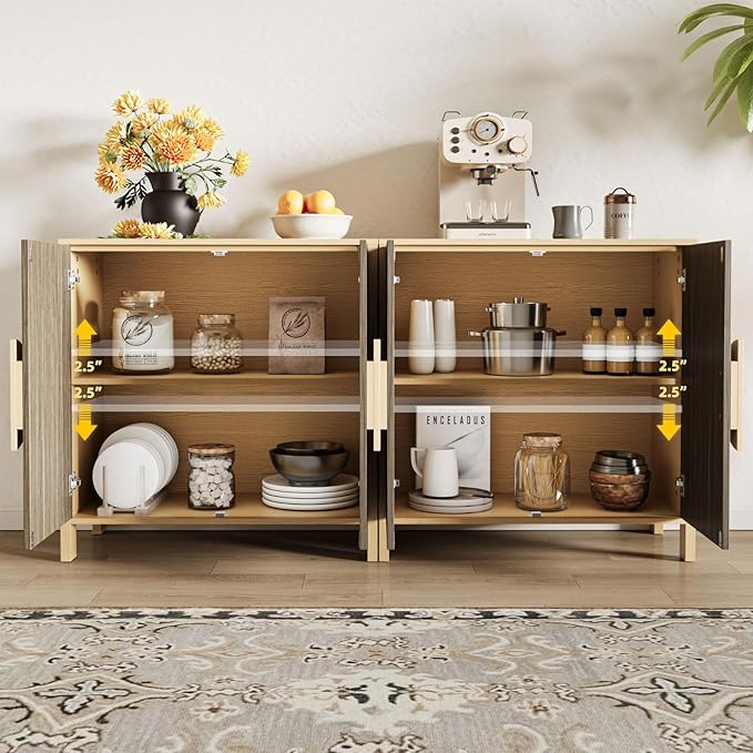 65 Inch TV Stand, Mid Century Modern Entertainment Center with Storage Cabinets & Adjustable Shelves, Media Console TV Credenza for Living Room, Dining Room, Hallway, Walnut