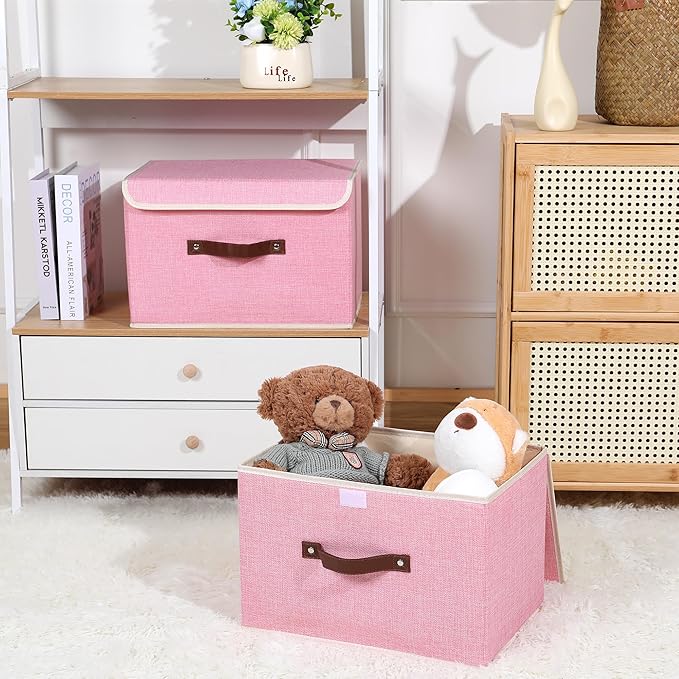 ANMINY 4PCS Storage Bins with Lid PU Leather Handles Storage Boxes PP Plastic Board Decorative Foldable Lidded Cotton Linen Fabric Home Cubes Baskets Closet Organizer Containers - Pink, Large Size