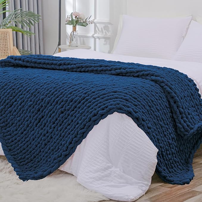 Bigacogo Chunky Knit Throw Blanket for Couch, 80x90 inches, 100% Hand Knitted with Thick Jumbo Chenille Yarn, Cozy Soft Large Rope Knot Cable Crochet Blankets for Sofa Bed Living Room, Navy Blue
