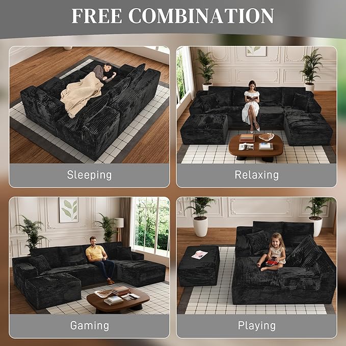 Modular Sectional Sofa Cloud Sectional Couch, 135" Comfy Fluffy U Shaped Black Couches for Living Room, Deep Seat Memory Foam Plush Corduroy Boneless Couch Sectionals with Right Facing Chaise Sofa