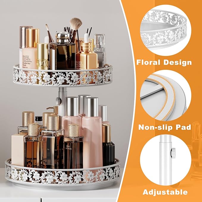 2 Tier Lazy Susan Organizer Turntable Adjustable,12 Inch Two Tier Lazy Susan Metal Easy Assembly Cleaning, Rotating Spice Rack Organizer for Cabinet Dining Table Kitchen Countertop White