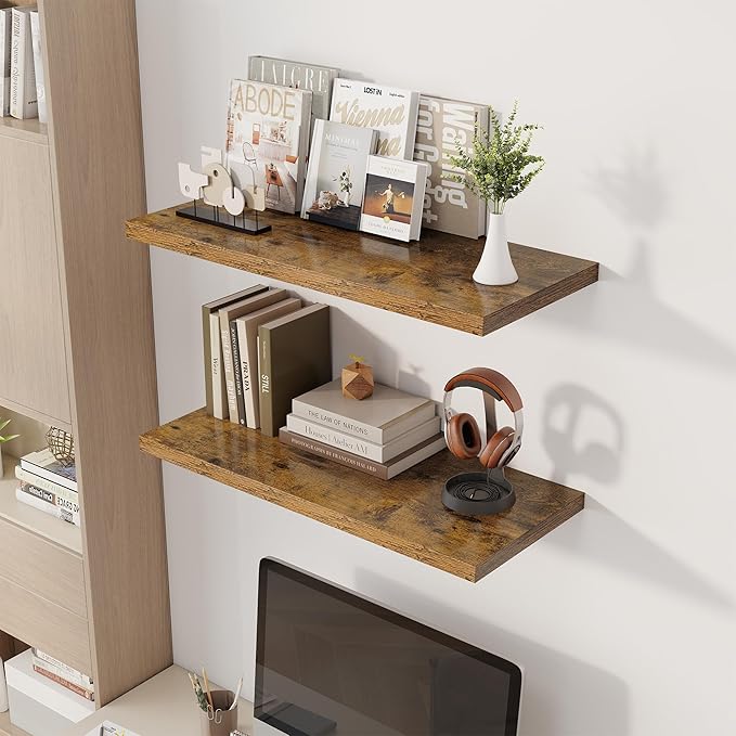 32" Floating Shelves for Wall, 12" Deep Slim Rustic Brown Floating Shelves, Wall-Mounted Shelves for Bedroom, Living Room, Kitchen, Bathroom - Set of 2