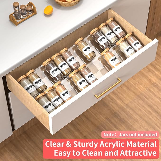 4-Tier Non-Slip Spice Drawer Organizer, 4-Pack Checkered Frosted Clear Acrylic, Expandable (11''-22'') Spice Rack for Kitchen Drawer Storage – Holds Seasonings, Herbs, and Spices (Jars Not Included)