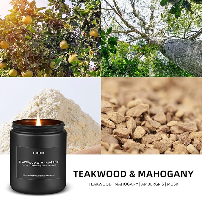 2 Pack Teakwood & Mahogany Candle | Scented Candles for Men, Man Gifts for Men - Masculine Candles - Soy Candle for Home Scented - 7oz Black Jar, Long Lasting