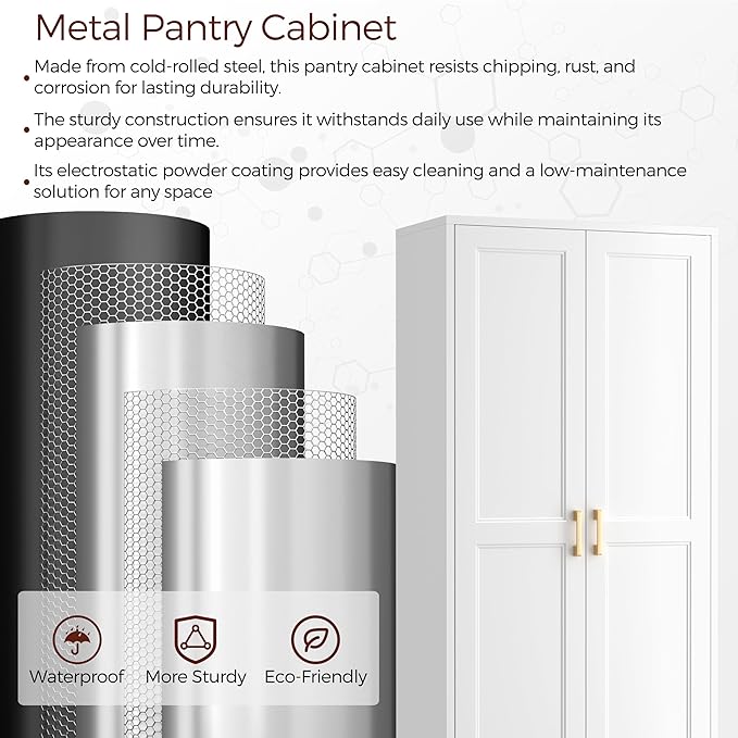 60" Tall Metal Pantry Cabinet, White Kitchen Pantry Storage Cabinet with 3 Adjustable Shelves and Gold Handles, Cupboard for Kitchen, Dining Room, Living Room, Bathroom