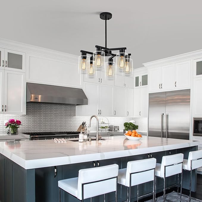 6-Light Modern Farmhouse Black Chandelier, Dining Room Light Fixture Over Table Adjustable Height Hanging Industrial Pendant Lights Kitchen Island, Clear Glass Shade