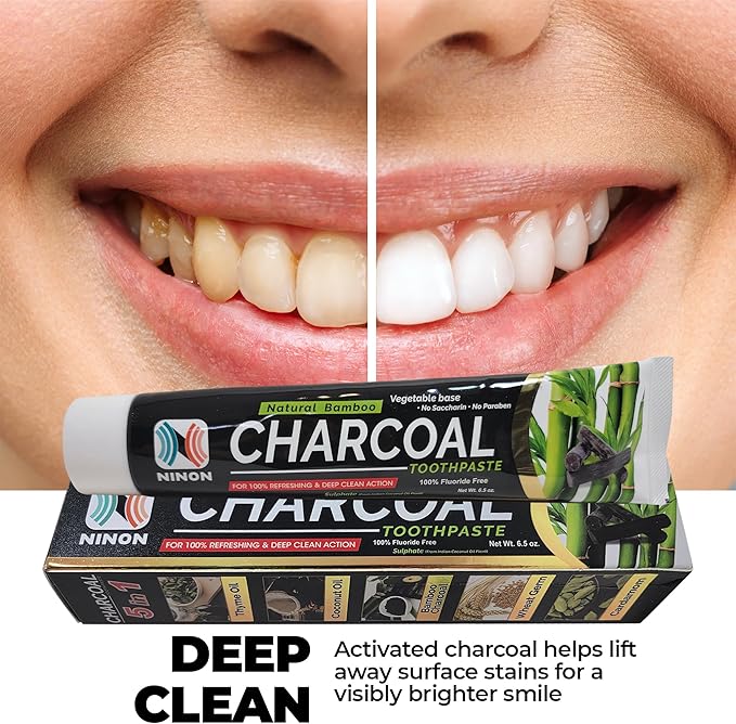 Activated Charcoal Whitening Toothpaste, Fluoride-Free, Enamel-Safe, Natural Mint Flavor, 6.5oz Tube for Stain Removal and Fresh Breath Pack of 1