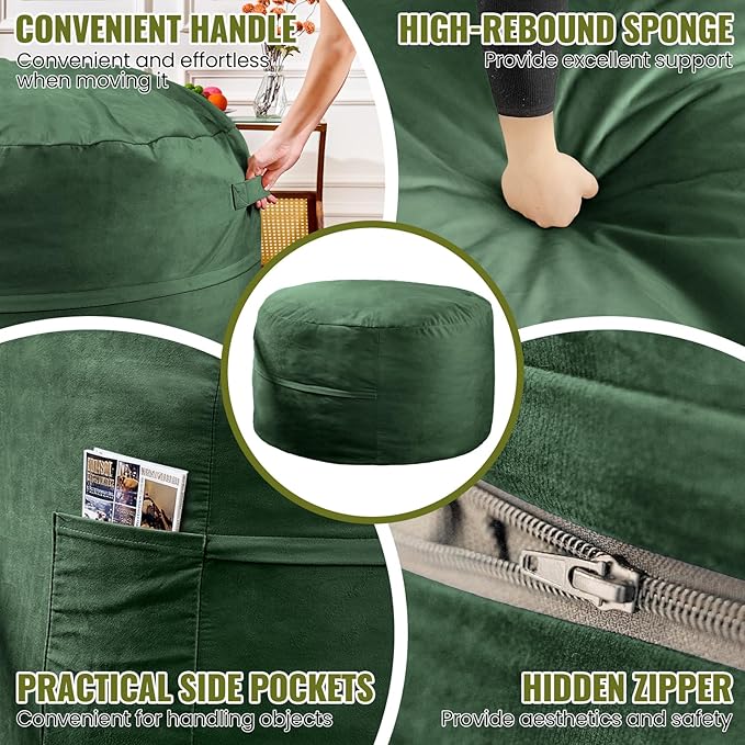 4FT Bean Bag Chair: Bean Bag with Velvet Cover, Fluffy and Comfy Bean Bag Chairs for Adults and Kids, Bean Bag Sofa Filled with High-Density Sponge for Gaming (Green)