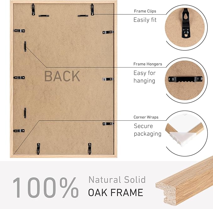 16x24 Poster Frame Natural Solid Oak Photo Frames with 12x18 Removable Mat Wall Hanging Large Handcrafted Frame with HD Plexiglass Wall and Tabletop Display Large Picture Frame