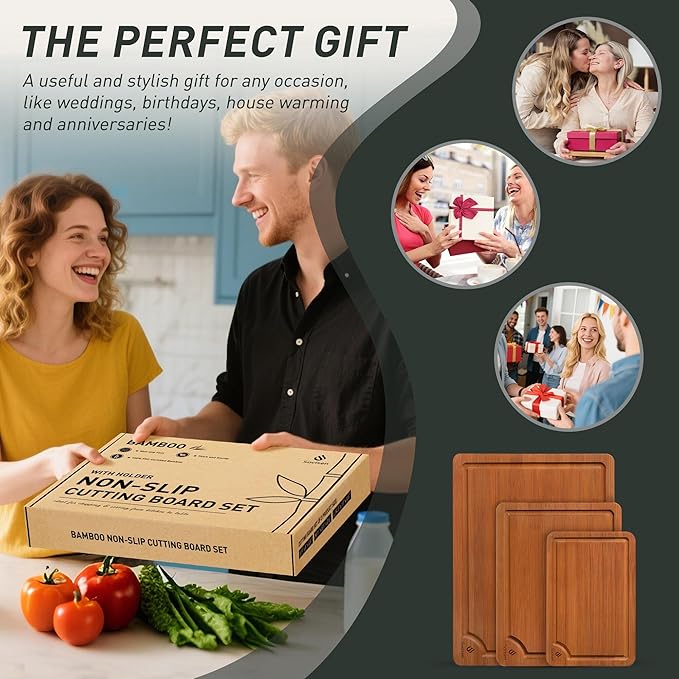 3 Packs Bamboo Cutting Board Set with Non Slip Feet and Over Sink Nice Solid Thick Wood Juice Groove Chopping Board Extra Large Big Small Best Hardwood Counter Organic Vegetable Kitchen Gadgets