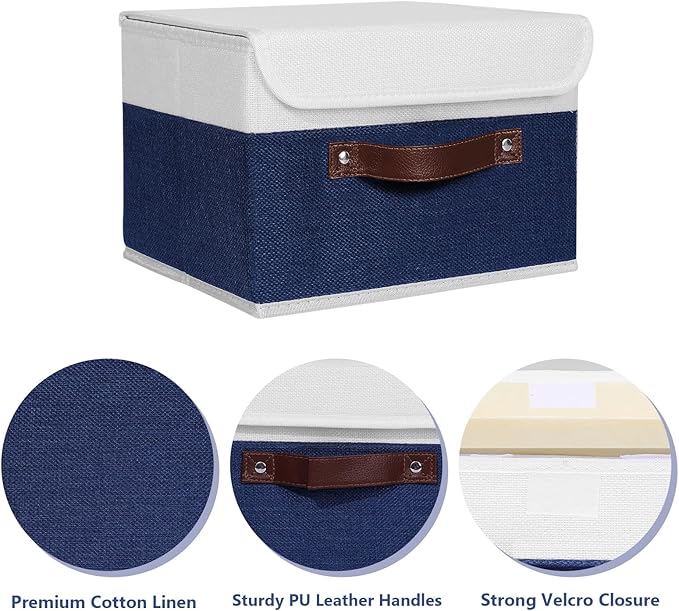 ANMINY 2PCS Storage Boxes with Lid Washable Decorative Storage Bin Basket with PU Leather Handle Foldable Linen Fabric Storage Cube Container for Home Closet Organizer - Deep Blue White, Small Size