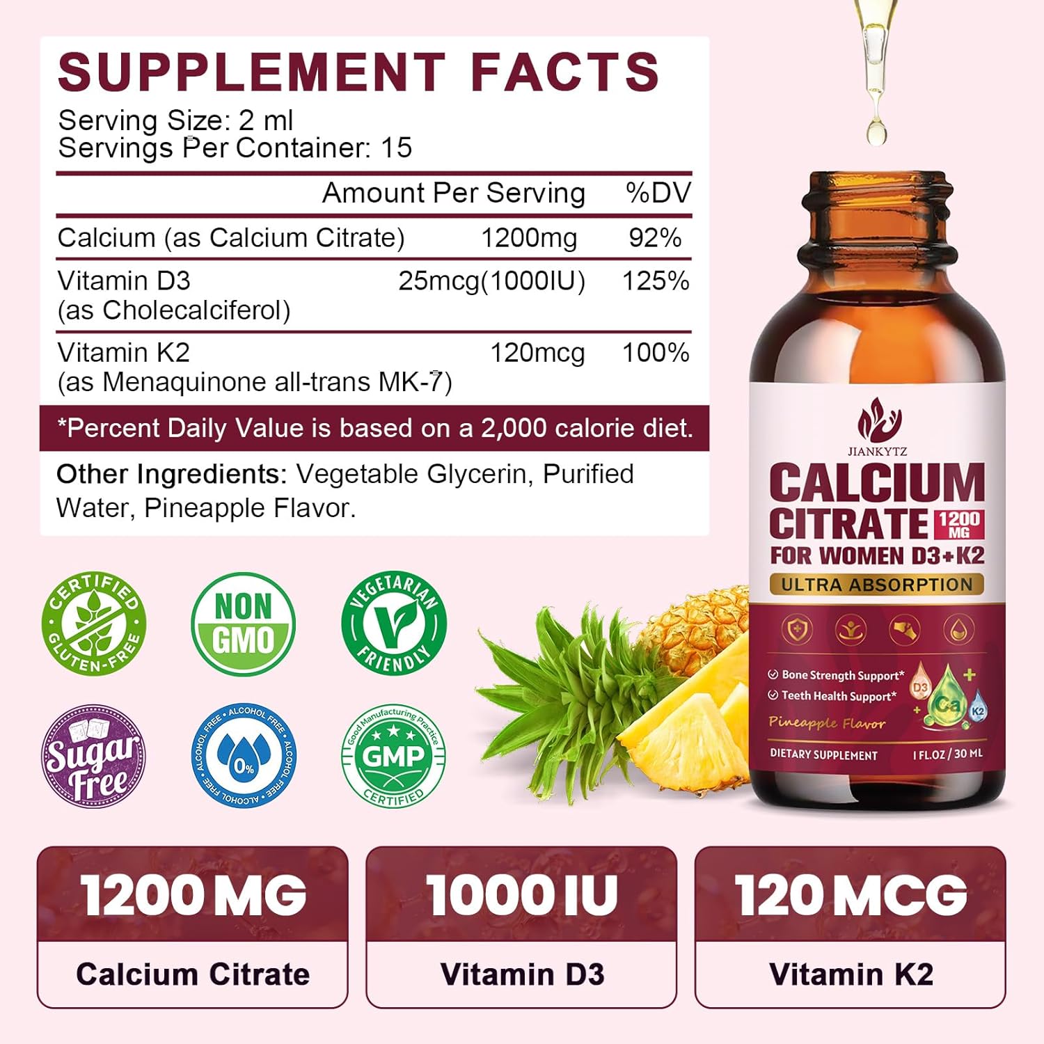 (2 Pack) Calcium Citrate with Vitamin D3 Liquid Drops for Women - Bones, Teeth, Immune Support, 1200mg Calcium Citrate Liquid Drops with Vitamin D3 K2, Vegan, Sugar-Free, 1 Fl Oz