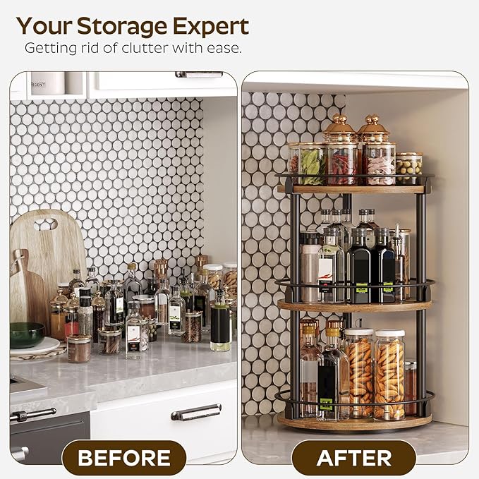 3-Tier Lazy Susan Organizer, Rotating Spice Rack, Spinning Organizer, Industrial Turntable Spice Rack Organizer for Cabinet, Kitchen Countertop, Pantry, Rustic Brown and Black SR23BR