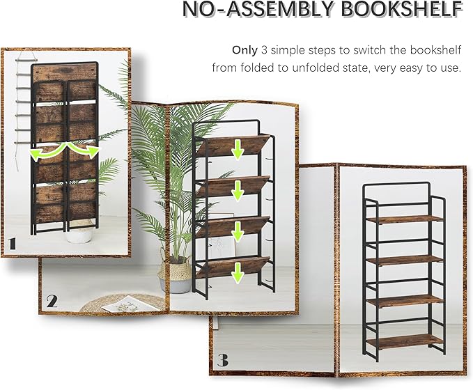 4NM No Assembly Foldable Bookshelf, 4-Shelf Collapsible Bookcase Storage for Small Spaces, 54" H, Rustic Brown and Black