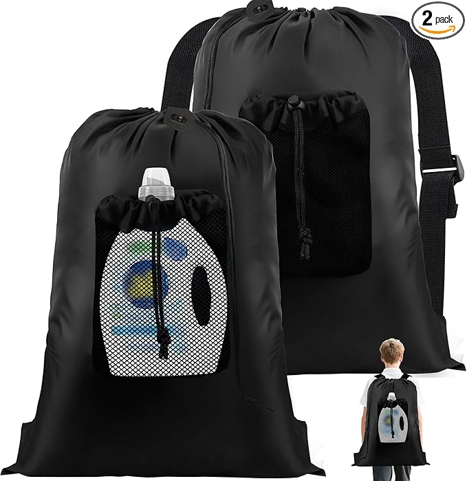 2-Pack Backpack Laundry Bags, Heavy Duty Laundry Bag Backpacks with Adjustable Shoulder Straps, Door Hanging Washing Bag, Laundry Hamper Lining for College Dorm, Travel, Laundromat